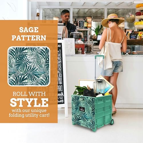 Inspired Living Ultra-Slim Rolling Collapsible Storage Pack-N-Roll Utility-carts, with Telescopic Handle, for Home, Garden, Shopping, Office, School use, Large, Motif Print - Image 5