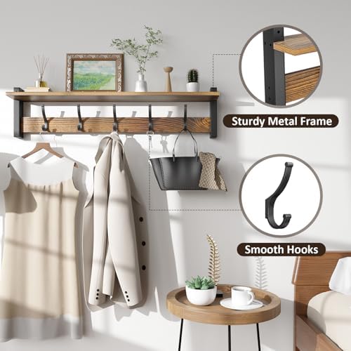 Optish Coat Rack Wall Mount with Shelf, 29 Inch Coat Hanger Walls Mounted, Hat Rack for Walls, Shelf with 5 Coat Hooks, Wall Hanger for Entryway (Brown) - Image 3