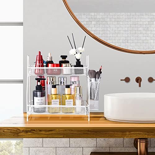 LEMIKKLE Countertop organizer for bathroom counter, bathroom organizers and storage, spice rack organizer for kitchen counter shelf with small basket(White) - Image 2