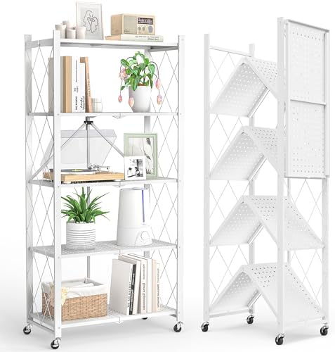 5-Tier Folding Metal Storage Rack - 63" Heavy-Duty Steel Frame with Wheels, No Assembly Utility Organizer, Rolling Shelving Unit for Kitchen, Garage, Pantry, Bedroom (White, 5 Tier) by LUCKPROBIGDEALSLLC