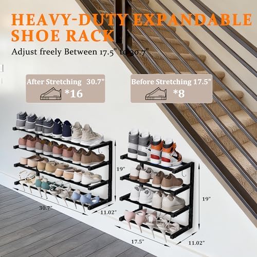 2 Pack Wall Mounted Shoe Rack, 4 Tier Hanging Shoe Rack Holds 32 Pairs, 17"-30"Adjustable Heavy Duty Wall Shoe Shelf with 4 Storage Hooks, Space Saving for Closet Entryway, Black, Patent Pending - Image 2