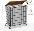 Laundry Basket with Wheels, Heavy Duty Laundry Sorter 3 Sections, 140L (37Gal.) Large Capacity Laundry Hamper with Wood Lid, 360 Rolling Wheels, Extra Side Pocket, Leather Pull Handle,Grey - Image 3