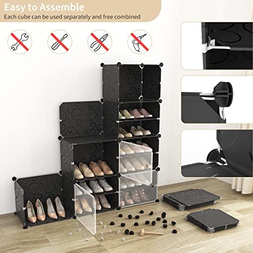 Portable Shoe Rack Organizer with Door, 96 Pairs Shoe Storage Cabinet Easy Assembly, Plastic Adjustable Shoe Storage Organizer Stackable Detachable Free Standing DIY Expandable 12 Tier Black - Image 5