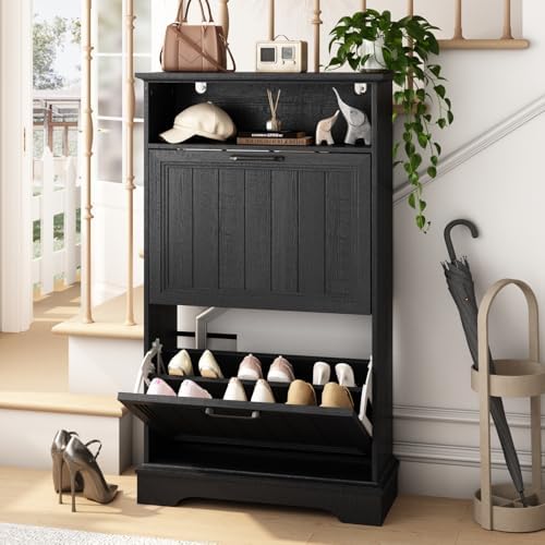 24" W Hidden Shoe Storage Cabinet with 2 Flip Drawers & Open Storage by WINWY
