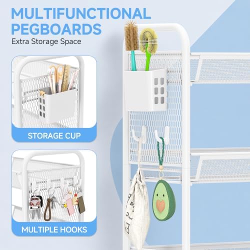 KINGRACK 5 Tier Rolling Cart, Metal Utility Storage Cart with Pegboard | Screwless Assembly, Lockable Wheels, 4 Hooks & 1 Bin, Mobile Organizer for Bathroom Kitchen Office Craft Room Laundry, White - Image 3