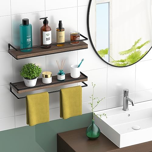 Meangood Floating Shelves Wall Mounted Set of 2, Rustic Wood Wall Storage Shelves for Bedroom,Living Room,Bathroom, Kitchen Brown - Image 2