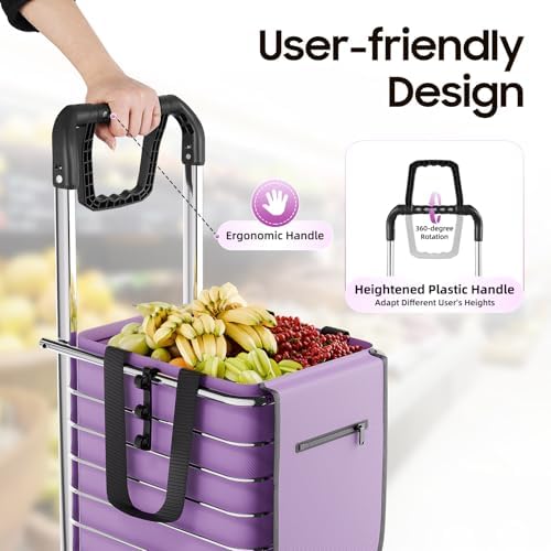 Folding Shopping Cart with Wheels 88 lbs Capacity Portable Grocery Cart Foldable Utility Cart with Storage Bag for Market Outdoor - Image 5