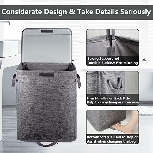 Foldable Laundry Hamper with 2 Removable Drawstring Bags,Portable Laundry Basket with Lid & Easy Carry Handle,Durable Clothes Hamper for Space-Saving Organizer in Bedroom,Bathroom,Dorm,Nursery,RV,Grey - Image 7