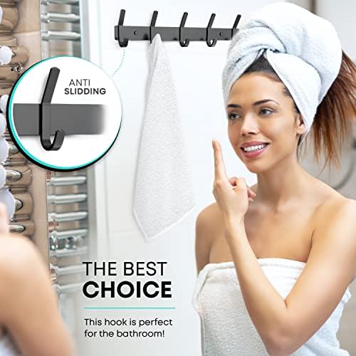 Coat Rack Wall Mount – 15 Inch Stainless Steel Hook Rail with 5 Double Coat Hooks for Hanging – Wall Mounted Entryway Organizer for Coats, Hats, Bags, Towels, Robes, Closet or Bathroom - Black 2 Pack - Image 7