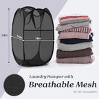 TECHMILLY Collapsible Mesh Pop Up Laundry Hamper with Sturdy Handles and Side Pocket - Portable Foldable Clothes Baskets for Dorm, Bathroom & Travel Storage (Black, 2 Packs) - Image 5