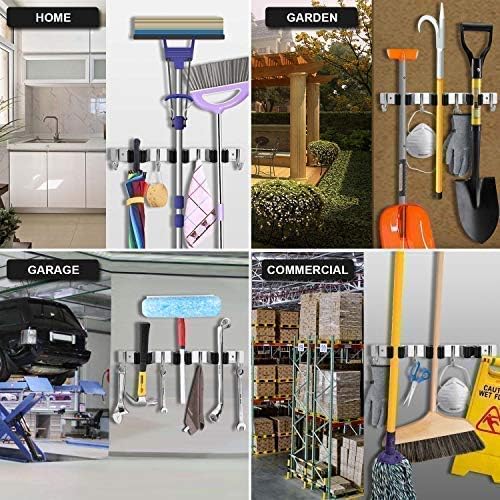 Broom Mop Holder Wall Mount,Favbal Garage Organization Tool Organizer Storage Broom Closet Kitchen Organization Heavy Duty Garage Tools Hanger with 3 Racks 4 Hooks for Home Kitchen Garden Laundry Room - Image 7