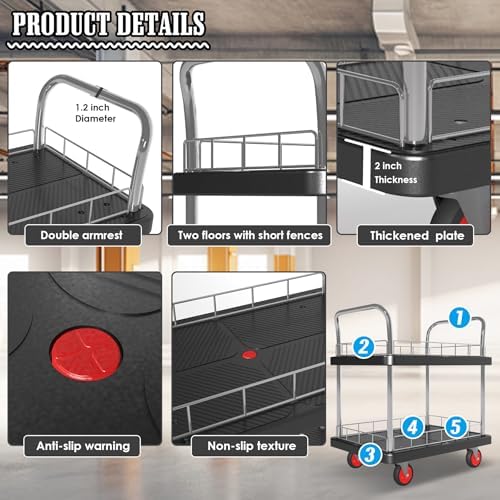 2 Shelf Utility Service Cart- 660lbs Capacity Heavy-Duty Plastic Rolling Utility Carts with 4 of 360° Swivel Wheels and Handle, Large Service Cart for Groceries,Warehouse,Garage 34.6''x 22.8'' - Image 6