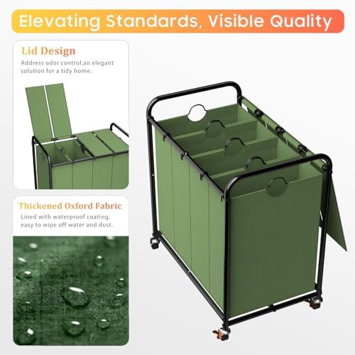 Laundry Sorter 4 Sections 48 Gal, Rolling Laundry Basket with Wheels ＆ Lid - Image 4