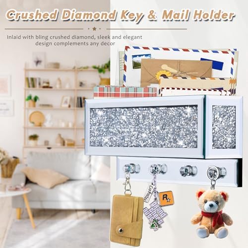 Crushed Diamond Key and Mail Holder for Wall, Crystal Mail Organizer Wall Mount, Mirror Mail and Key Holder Wall Mount for Entryway and Home Decor - Image 2