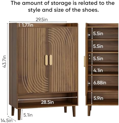 Smuxee Walnut Shoe Cabinet with Line Groove Design, 6-Tier Shoe Storage Cabinet with Adjustable Shelves, Freestanding Shoe Organizer Cabinet for Entryway, Hallway, Closet, Living Room - Image 2