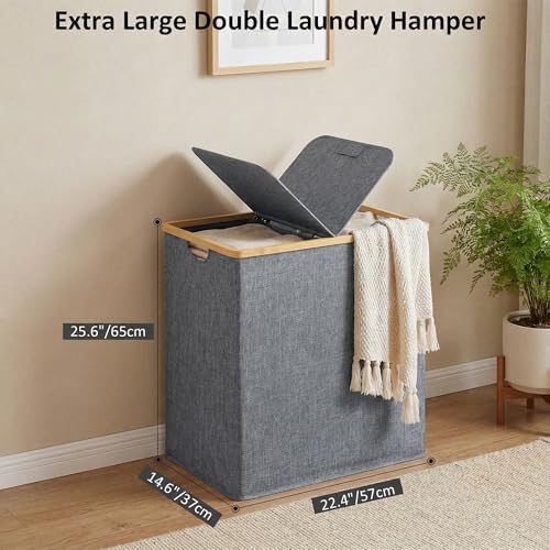efluky Double Laundry Hamper with Lid and 2 Removable Bags, Blue Grey - Image 2