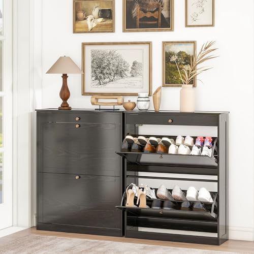 Wood Shoe Storage Cabinet, Hidden Shoe Rack Cabinet with 2 Flip Drawers - Image 3