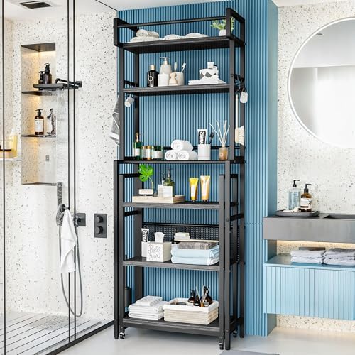 Recaceik 6-Tier Over The Toilet Storage Shelf with Cart, Freestanding Above Toilet Shelf Rack, Farmhouse Bathroom Organizer Shelves, Space Saver (Black) - Image 3