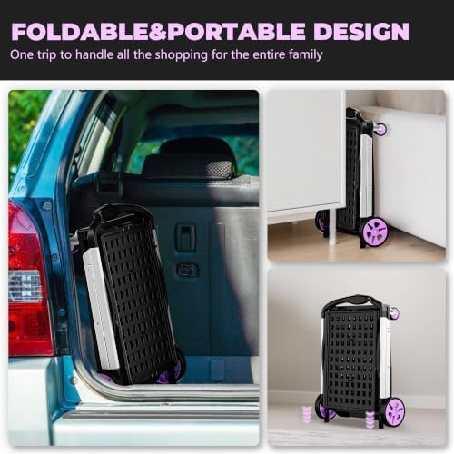 200LBS Collapsible Shopping Cart with 2 Storage Crates, 8-in-1 Portable Foldable Utility Cart with Foot Brake for Picnic, Supermarket, Grocery, Office, Outdoor, Purple - Image 4