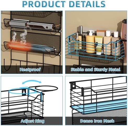 3 Tier Hair Tool Organizer Wall Mount, curling iron holder Basket, Black - Image 5