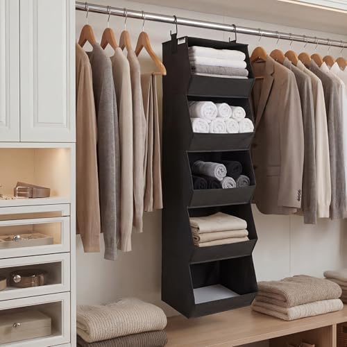 StorageWorks Basics Hanging Closet Organizer, Foldable Storage Organizer | 5-Shelf Wide Trapezoid Closet Shelves with Reinforced Anti-Sagging Support for Sweaters, Hoodies and Handbags, Black - Image 2