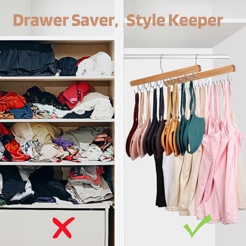 NECAMOCU 2 Pack Bra Hanger for Closet Organizer, Premium Tank Top Hangers | Wooden Bra Holder with 36 Foldable Hooks, 360° Rotating Design, Space Saving Storage for Tank Tops, Bras, Belts, and More - Image 4