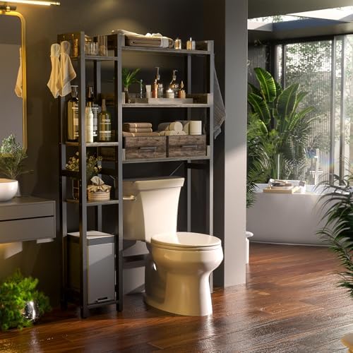 Besiost Over The Toilet Storage, 7 Tier Bathroom Organizer with Reversible Side Shelf and 2 Fabric Drawers, Adjustable Freestanding Rack Space Saver for Small Spaces, Grey Oak - Image 2