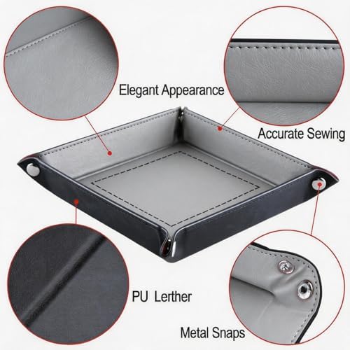 Valet Tray Desktop Storage Organizer - Vegan Leather Catchall Tray Bedside Vanity Tray Nightstand Caddy Holder for Remote Controller, Watch, Keys, Phone, Wallet, Coin, Jewelry - Gray - Image 5