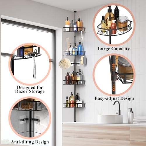 4-Tier Rustproof Corner Shower Caddy with Tension Pole - Image 4