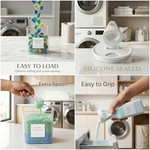 4+2 Pack Laundry Pods Containers & Dryer Sheet Holder & Laundry Detergent Dispenser, Laundry Room Organization and Storage Jars with Lids, Labels and Scoops for Scent Booster, Powder, Pods - Image 7