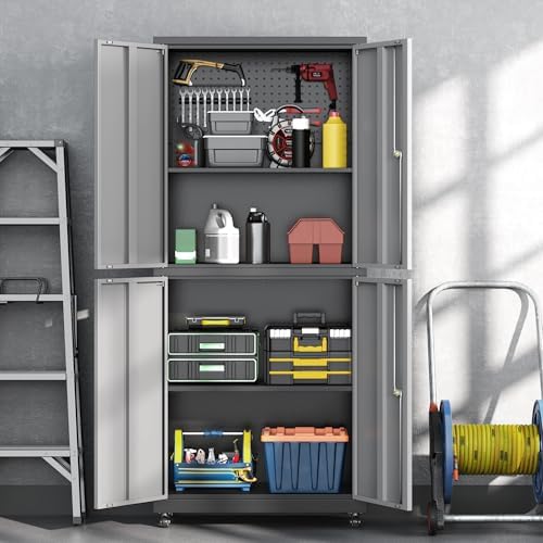 71" H Metal Tool Storage Cabinet with Lock and Wheels, Heavy Duty Garage Cabinet with 4 Doors and 2 Adjustable Shelves, Tool Organizer with Pegboard for Garage, Warehouse (Black&Gray, 71" H) - Image 2