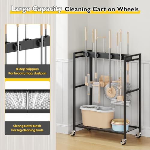 BORISI Broom And Mop Holder, Movable Broom Closet Storage Cabinet, Cleaning Cart with Mop Hanger Gripper Rack, Janitorial Cart, Utility Carts, Laundry Room Organization Home Essentials - Image 5
