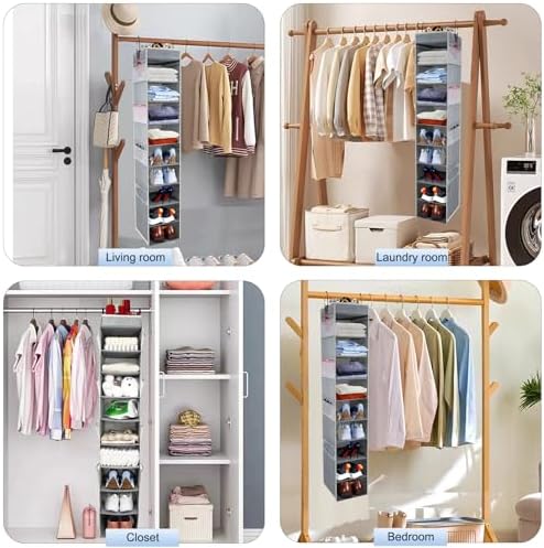 Large-Sized Hanging Shoe Organizer 10-Shelf, Sturdy Hanging Closet Organizer with 8 Side Pockets, Wider Hanging Shelves for Storage Shoes Clothes Jeans Shirts Toys, Grey - Image 6