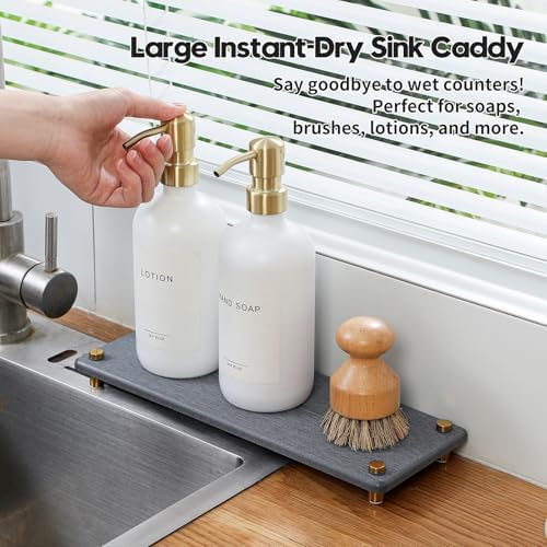 Kitchen Sink Caddy Water Absorbing Stone Drying Tray, Diatomite Bathroom Sink Organizer, Faucet Counter Mat Coaster, Soap Dish Rack Riser Dispenser Sponge Holder, Dark Gray Gold -12.5" x 4.5" - Image 3