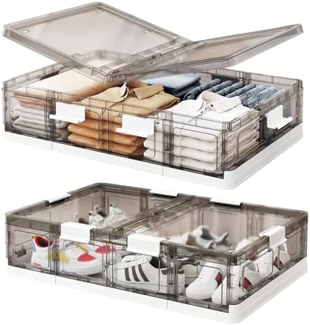 Kitstorack 2 Pack Plastic Under Bed Storage Bins with Lids and 8 Pre-installed Wheels,Rolling Low Rrofile Under bed Containers Box for Clothes Shoes, 37.8 Qt, Long, Clear, Flat, Large by Kitstorack