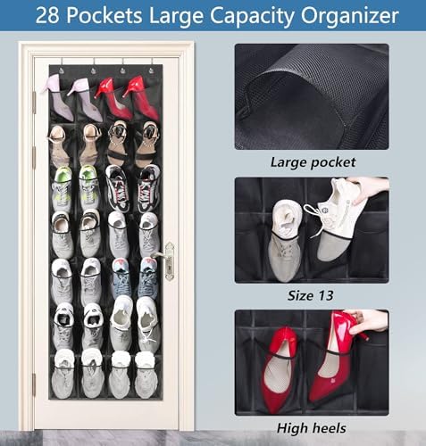 MISSLO 28 Large Pockets Hanging Shoe Organizer Over The Door Shoe Rack for Closet Door Storage Mesh Shoe Holder Hanger for Men, Black - Image 2