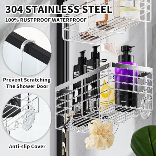 SHANSHUI Shower Hanging Caddy, Double Bathroom Showers Organizer Basket, Shampoo Bracket, Over Door Shower Rack with Hooks, 304 Stainless Steel Rustproof - Image 4