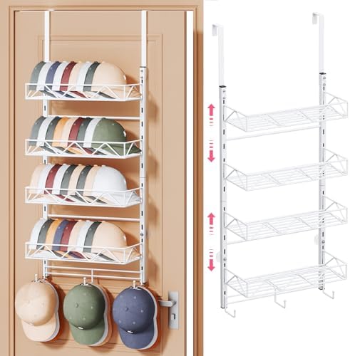 SWTYMIKI Over Door Hat Organizer - 5 Tier Wall Mounted Hat Rack with 4 Adjustable Metal Basket and 3 Hooks, Hanging Baseball Cap Organizer Storage Holds up to 49 Caps for Door, Bedroom, Closet by SwtyMiki-TidyHomeSweetLife