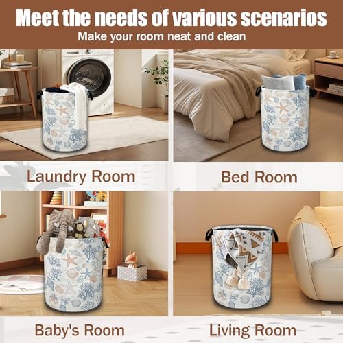 Seashells Starfish Laundry Basket,Waterproof Foldable Laundry Hamper,Dirty Clothes Basket, Linen Bin Storage Organizer Collection 16" x 20.8" - Image 7