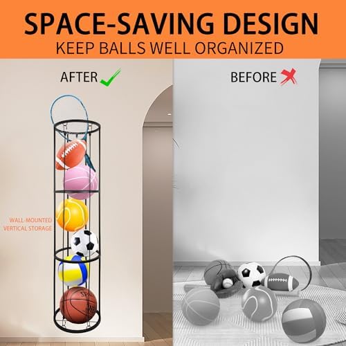 Garage Ball Storage Rack, Wall-Mounted Basketball Holder, Vertical Ball Rack for Soccer Volleyball Football Basketball, Space-Saving Sports Ball Storage Organizer for Garage & Home - Image 4