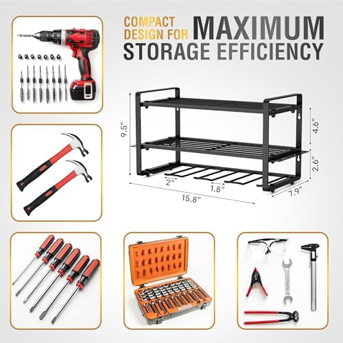 3-Layer Power Tool Organizer Wall Mount, Garage Wall Tool Organizer with Drill Holder, Heavy Duty Metal Shelf for Garage & Workshop - Image 4