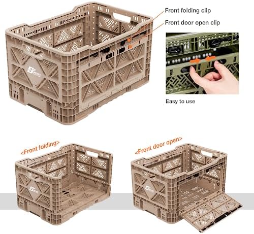 Bigant Heavy Duty Collapsible & Stackable Plastic Milk Crate-Medium Size, Tan, Stackable Open Front Organizer, Snap Lock Foldable Industrial Garage Storage Bin Container Utility Basket - Image 4