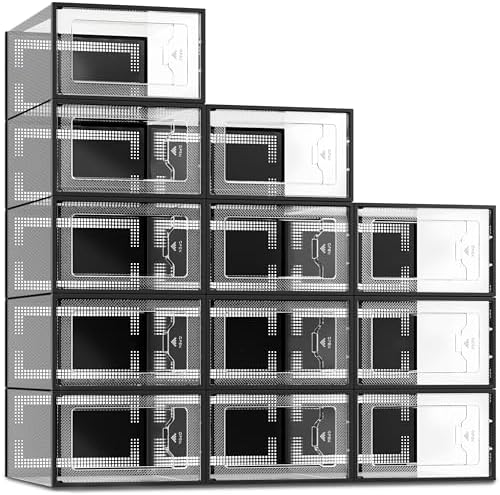 SEE SPRING X-Large Black Modern Plastic Shoe Box, 12 Pack, Clear Front Door, Stackable, Foldable, Ventilated, Fits US Size 11, 13.2''L9.1''W7.3''H Inch, 655.65 Cubic Inches, Already Assembled by SEESPRING