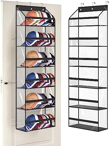 AOODA Clear Over The Door Hat Racks for Baseball Caps, Large Holds up to 72 Caps Hat Storage Organizer for Closet Wall, Deep Pockets Hanging Hat Holder with 3 Hooks, Black by AOODA