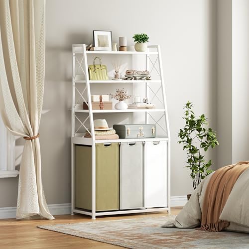 Herture Laundry Basket, 3 Section Laundry Hamper with 4 Tiers Shelf, Pull-Out and Removable Laundry Bags, Large 3 x 15.87 Gallons, 3 Color Bags for Laundry Room Bathroom White PF05XLE - Image 5