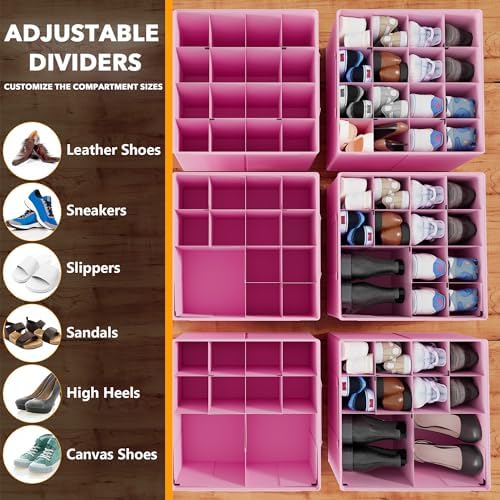 SpaceAid Shoe Organizer for Closet, 2 Pack Foldable Shoe Storage Containers Baskets Boxes Bins w/Adjustable Dividers, Fits 16-32 Pairs, Pink - Image 3