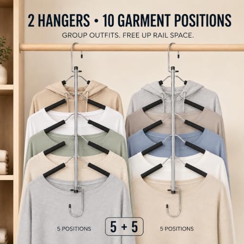 Space Saving Clothes Hangers – 5-in-1 Shirt & Coat Hangers with Non-Slip Foam, Stainless Steel Tiered Closet Organizer for Sweatshirts, Hoodies, Sweaters, T-Shirts – 2 Pack by ZNBEN - Image 3