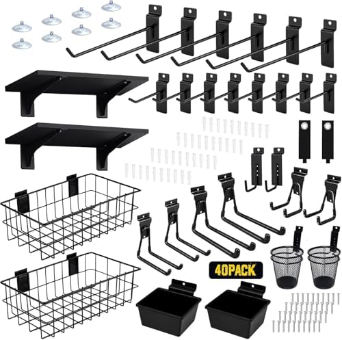 40PCS Slatwall Accessories Organizer Kit with Slatwall Hooks, Shelves, Baskets, Bins, Cups & Straps – Heavy Duty Wall Storage Set for Garage, Workshop & Utility Room - Black by Unknown