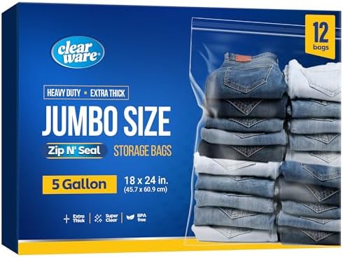 12 Large Storage Bags With Zipper Top - 5 Gallon Bags 18" x 24", Extra Large Plastic for Clothes, Travel, Moving, Large Reusable freezer bags, BPA-Free, 2-mil Thick by Clearware