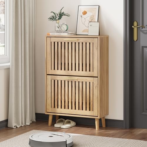 Shoe Storage Cabinet with Louvered 2 Flip Drawers, Narrow Shoe Cabinet Storage for Entryway, Freestanding Shoe Organizer Cabinet with Golden Handles, Slim Shoe Rack Cabinet 23.5in (Natural Wood) by Algherohein